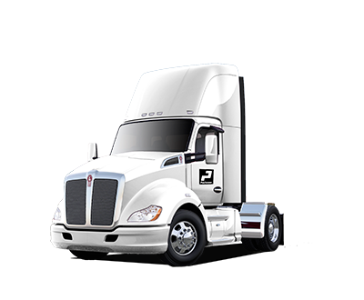White Kenworth single axle day-cab truck. White Kenworth single axle day-cab truck.