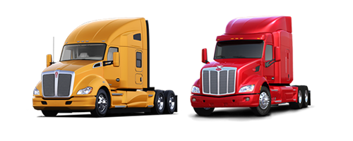 An orange Kenworth sleeper truck next to a red Peterbilt sleeper truck. An orange Kenworth sleeper truck next to a red Peterbilt sleeper truck.