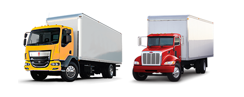 An orange Kenworth straight truck next to a red Peterbilt straight truck. An orange sleeper truck next to a red sleeper truck.